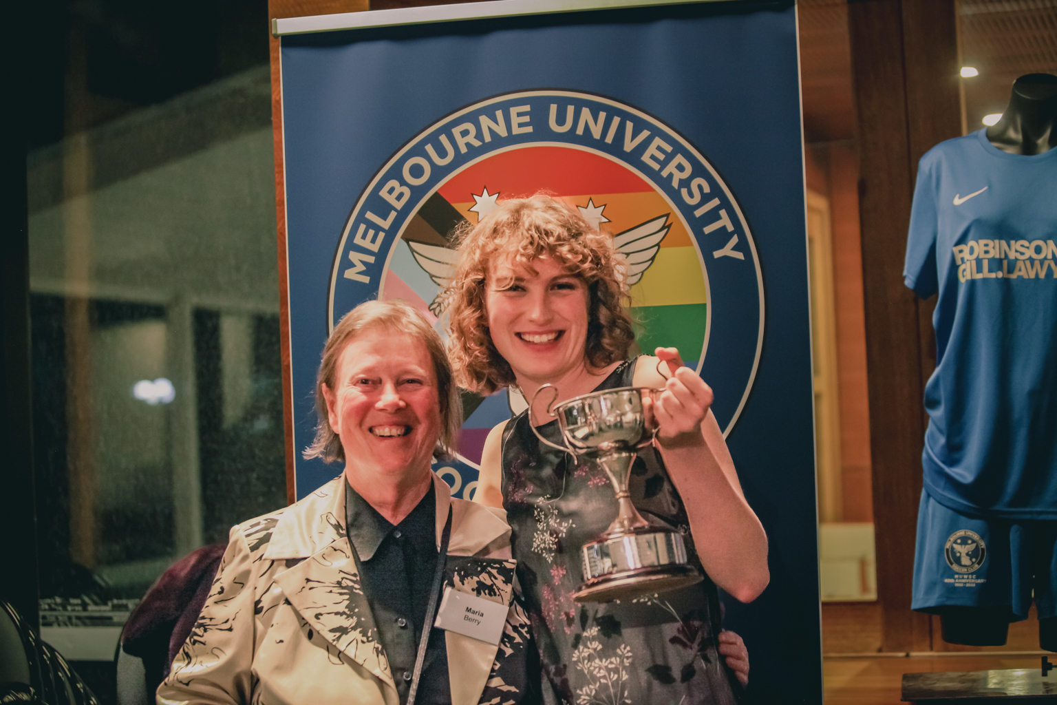 Carrot with Maria Berry, posing with the Maria Berry award at MUSC's 75 year anniversary function